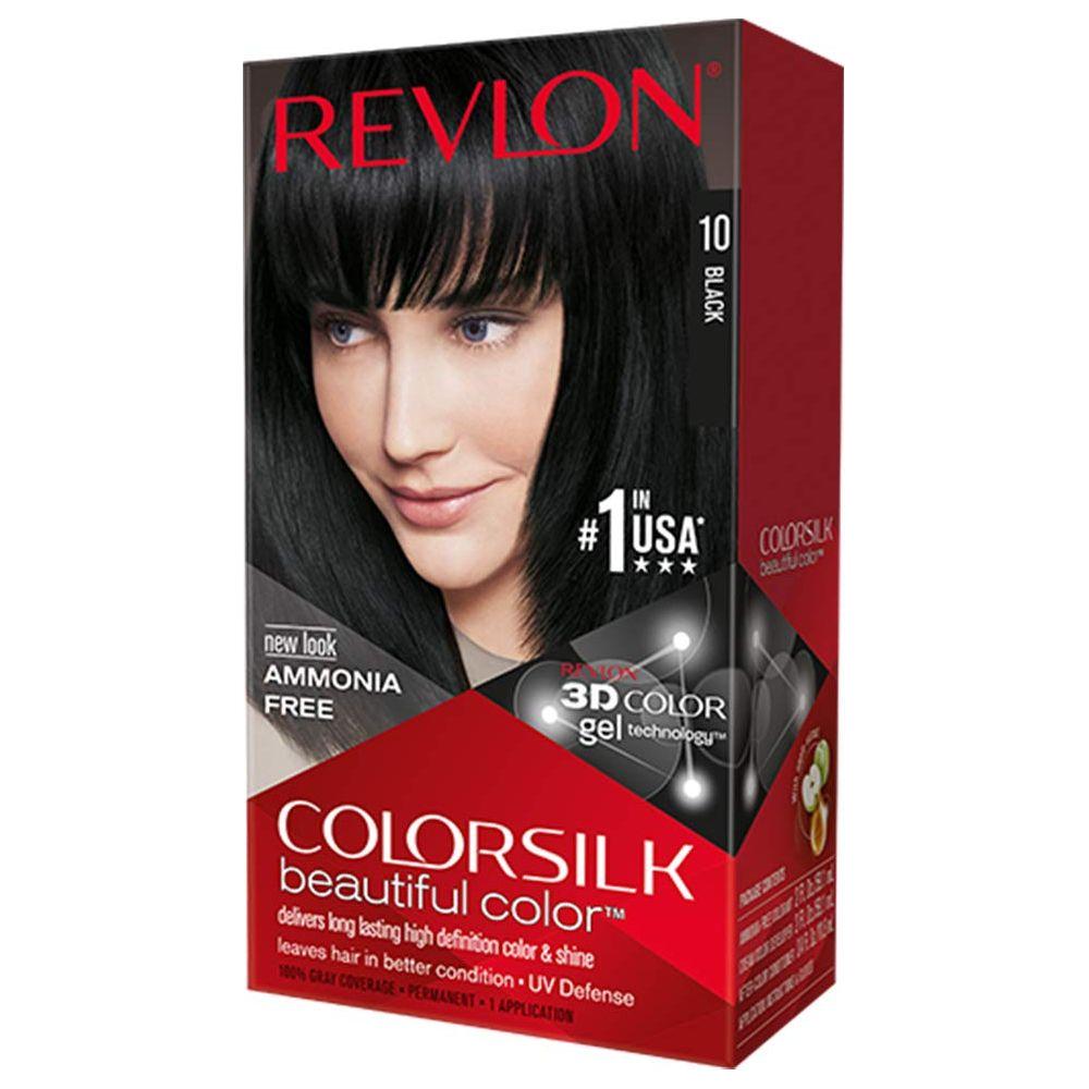 Revlon ColorSilk 10 Black permanent hair color box showing product packaging and branding.