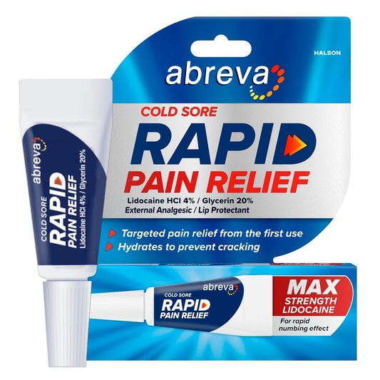 Abreva Cold Sore Rapid Relief Cream by Pasteur Pharmacy in 0.11 oz tube, shown next to its packaging for personal care.