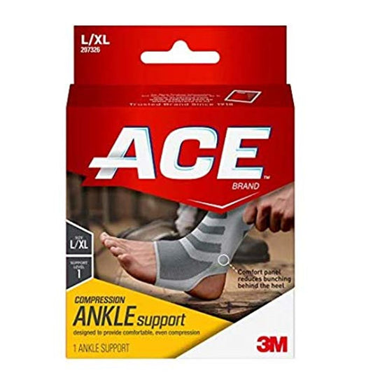 ACE ankle support brace in small/medium size with compression, designed for ankle stabilization and pain relief.