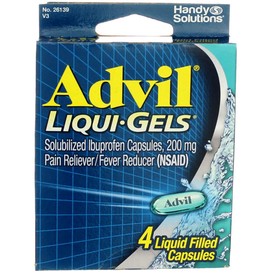 Advil Liqui-Gels personal care capsules by Pasteur Pharmacy, 200 mg ibuprofen for fast pain relief, shown in blister pack.