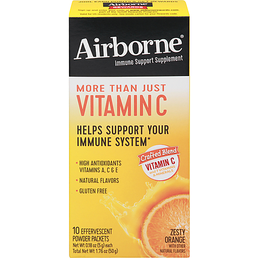 Airborne Vitamin C Zesty Orange packets from Pasteur Pharmacy, individual personal care supplement packets for immune support.