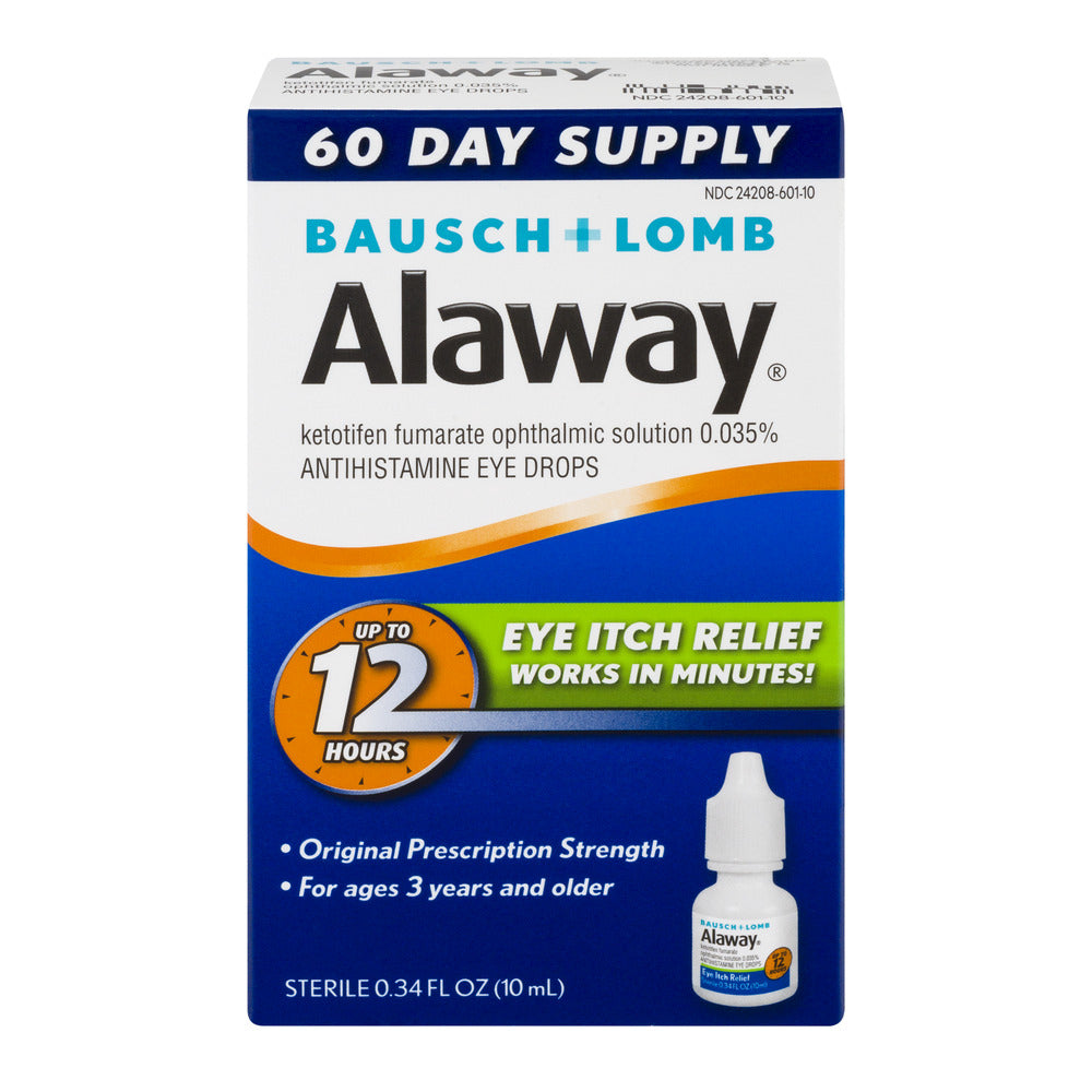 Alaway Eye Drops antihistamine bottle from Pasteur Pharmacy, original prescription strength for allergy relief in a personal care setting.
