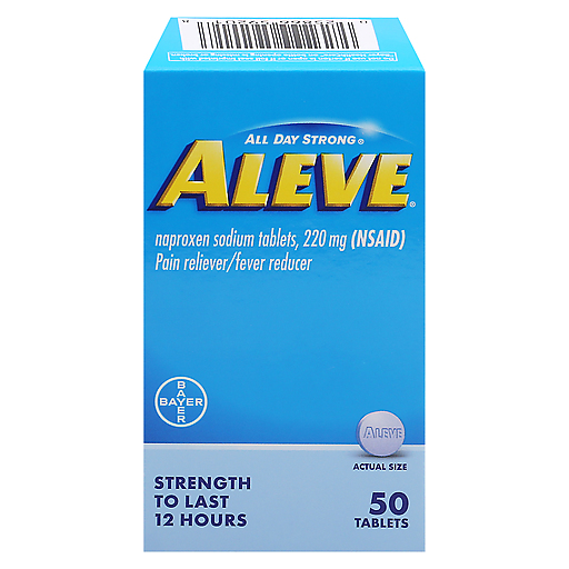 Aleve Pain Reliever and Fever Reducer tablets, 220mg Naproxen Sodium, 50 count, in blister packaging, from Pasteur Pharmacy.
