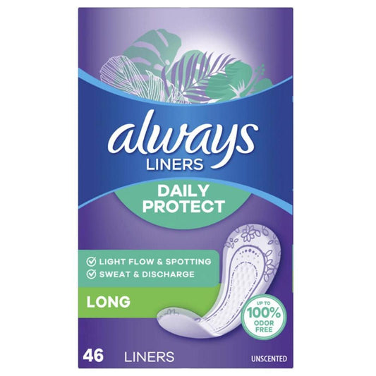 Always Daily Protect pantyliners with long absorbency, shown in a 46-count package, designed for daily personal care needs.