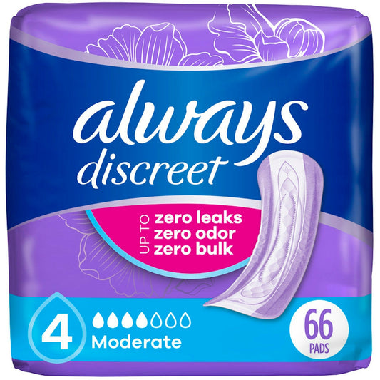Always Discreet adult incontinence pads for women, moderate absorbency, regular length, personal care product by Pasteur Pharmacy.