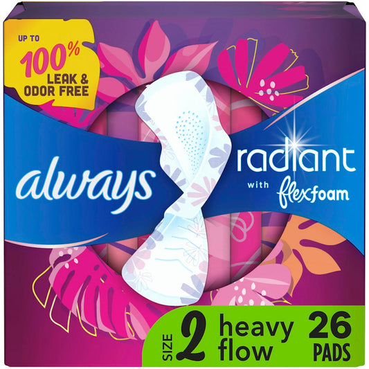 Always Radiant Pads size 2 for heavy flow, lightweight, with light clean scent, 26-count in personal care packaging.