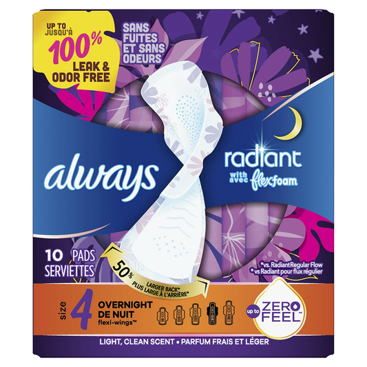 Always Radiant overnight pads with Flex Foam, light absorbency, clean scent, size 4, from Pasteur Pharmacy.