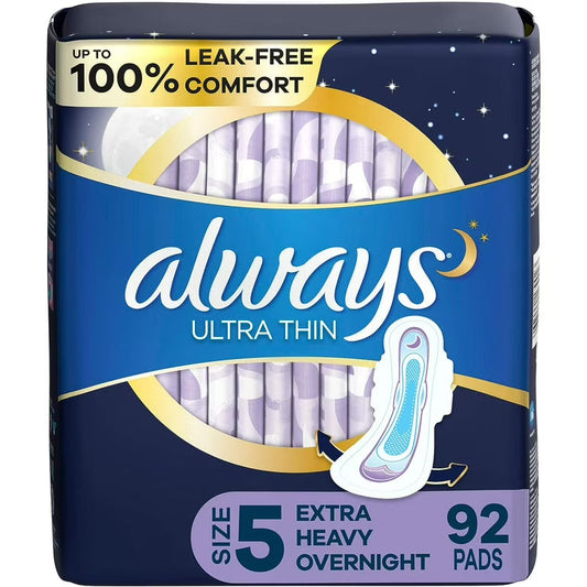 Always Ultra Thin Overnight Extra Heavy Flow Pads with Wings, 92 count, shown in a 2-pack, designed for overnight personal care.