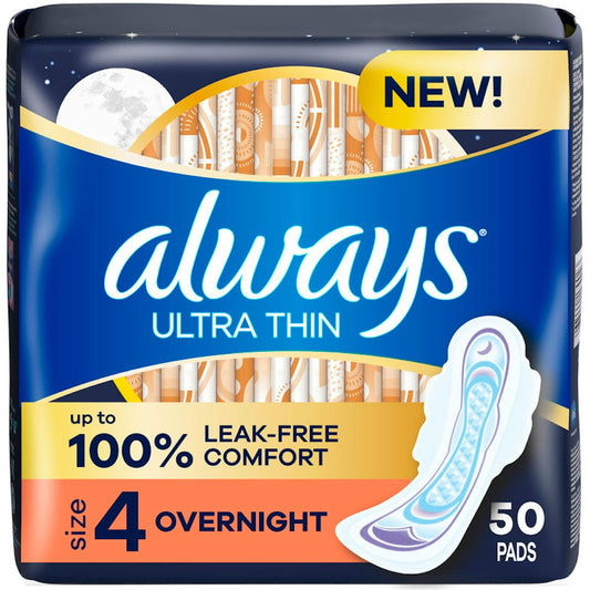 Always Ultra Thin Pads with Wings, Size 4 Overnight, Unscented, 50-count, personal care product by Pasteur Pharmacy