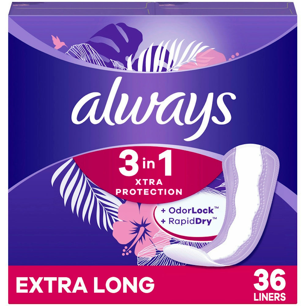 Always Xtra Protection Liners, extra long, 36-count pack from Pasteur Pharmacy, featuring discreet, absorbent personal care liners.