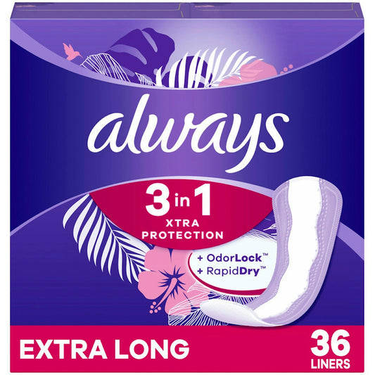 Always Xtra Protection Liners, extra long, 36-count pack from Pasteur Pharmacy, featuring discreet, absorbent personal care liners.