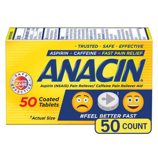 Anacin Aspirin and Caffeine pain reliever tablets in a blister pack, designed for fast relief of headaches and minor aches.