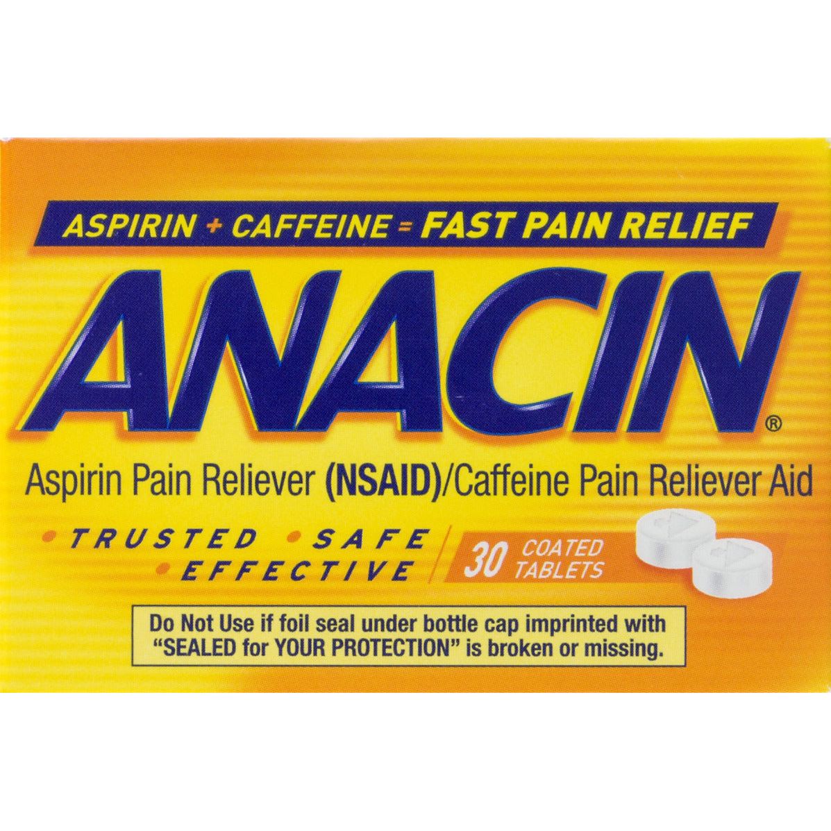 Anacin Pain Reliever Coated Tablets in a white bottle, personal care product by Pasteur Pharmacy on a plain background.