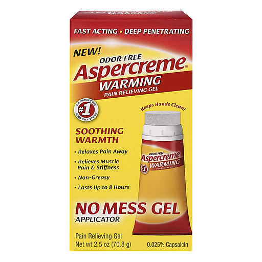 Aspercreme Odor-Free Warming Pain Relieving Gel in 2.5 oz tube, personal care product for soothing muscle pain by Pasteur Pharmacy