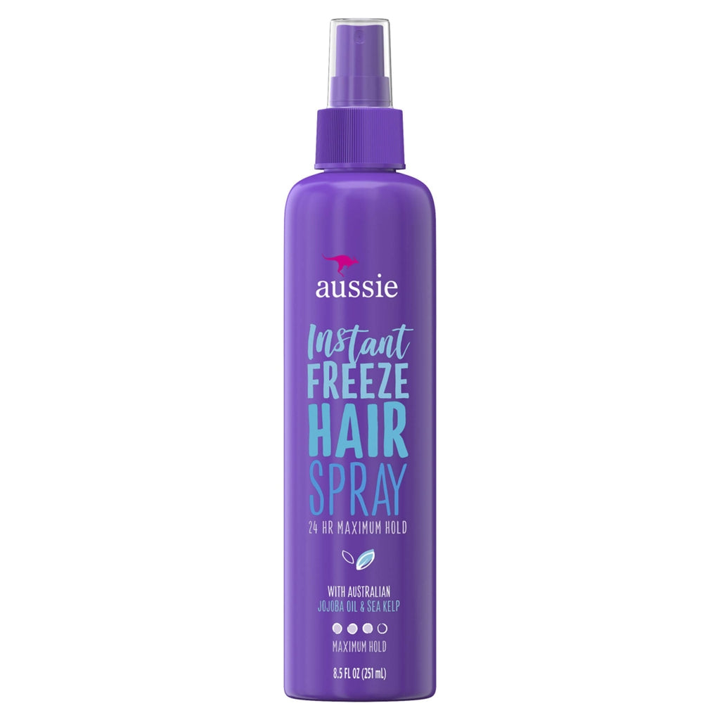 Aussie Hair Spray, Non-Aerosol, Maximum Hold, 8.5 Fl Oz bottle with blue cap and label, designed for strong, lasting hair hold.
