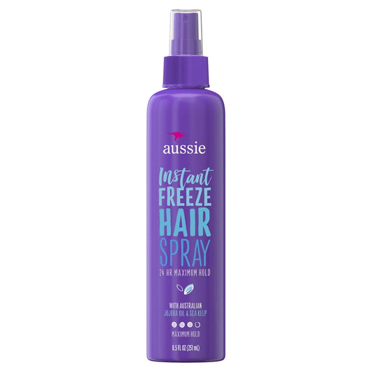 Aussie Hair Spray, Non-Aerosol, Maximum Hold, 8.5 Fl Oz bottle with blue cap and label, designed for strong, lasting hair hold.