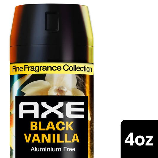 A 4 oz bottle of Axe Body Spray Premium Black Vanilla from Pasteur Pharmacy, showcasing the sleek black vanilla scent.
