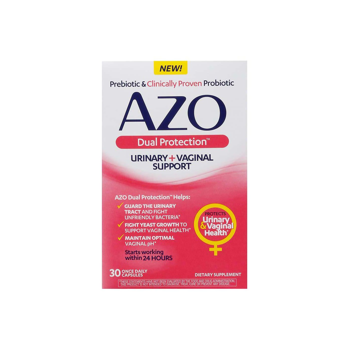 Azo Urinary and Vaginal Support capsules by Pasteur Pharmacy, showing the supplement bottle with label and capsules inside.