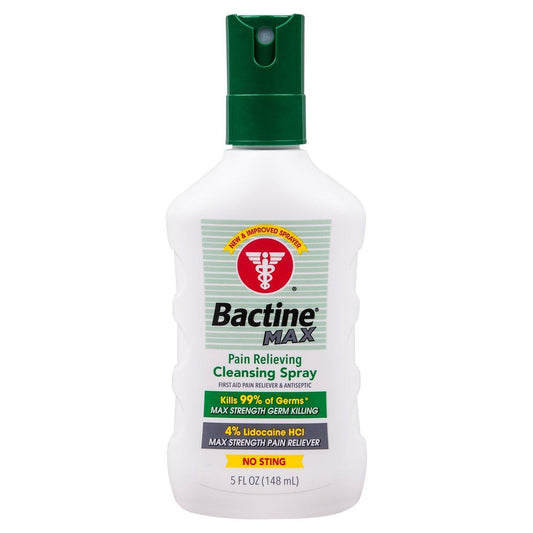 Bactine Max Cleansing Spray by Pasteur Pharmacy in a 5 fl oz bottle, pain-relieving personal care product for minor injuries.