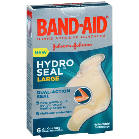 Large Band-Aid Hydro Seal adhesive bandages from Pasteur Pharmacy, designed for all-purpose wound care with waterproof protection.