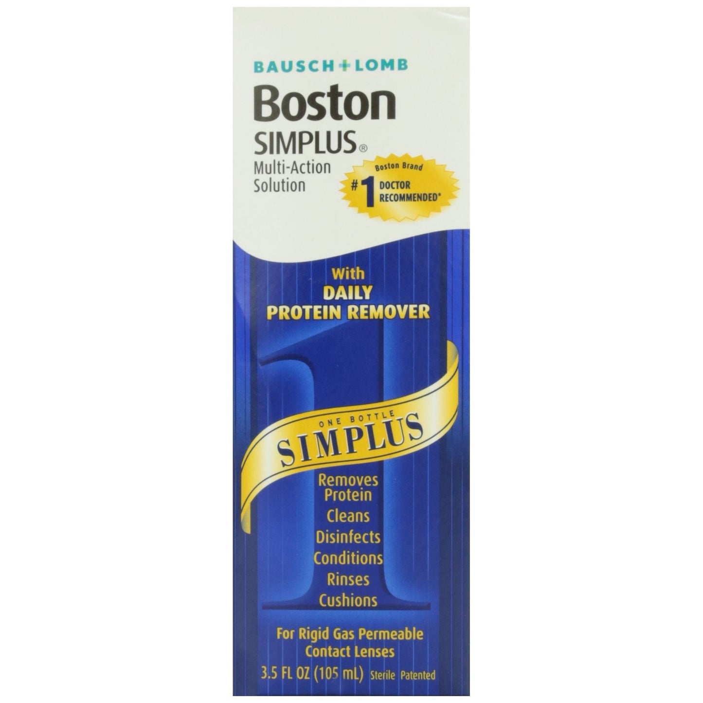 Bausch & Lomb Boston Simplus Multi-Action Solution in 3.5 fl oz bottle for eye care and lens cleaning.