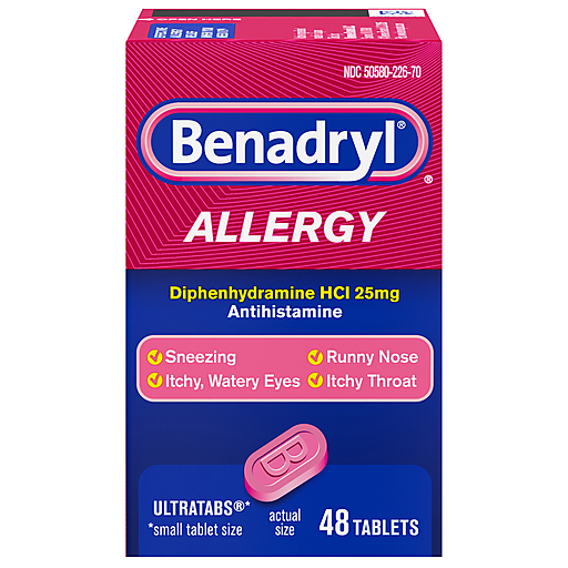 Benadryl 25 mg allergy tablets in blister pack, personal care medication by Pasteur Pharmacy