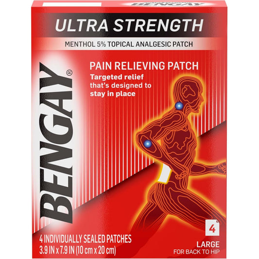 Bengay Ultra Strength Pain Relieving Patches for back and hips, large 3.9 x 7.9 inches, 4-count, personal care product.