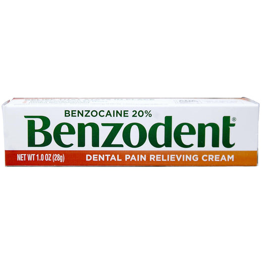 Benzodent Dental Pain Relieving Cream in a 1 oz tube, personal care product for oral discomfort relief, by Pasteur Pharmacy.