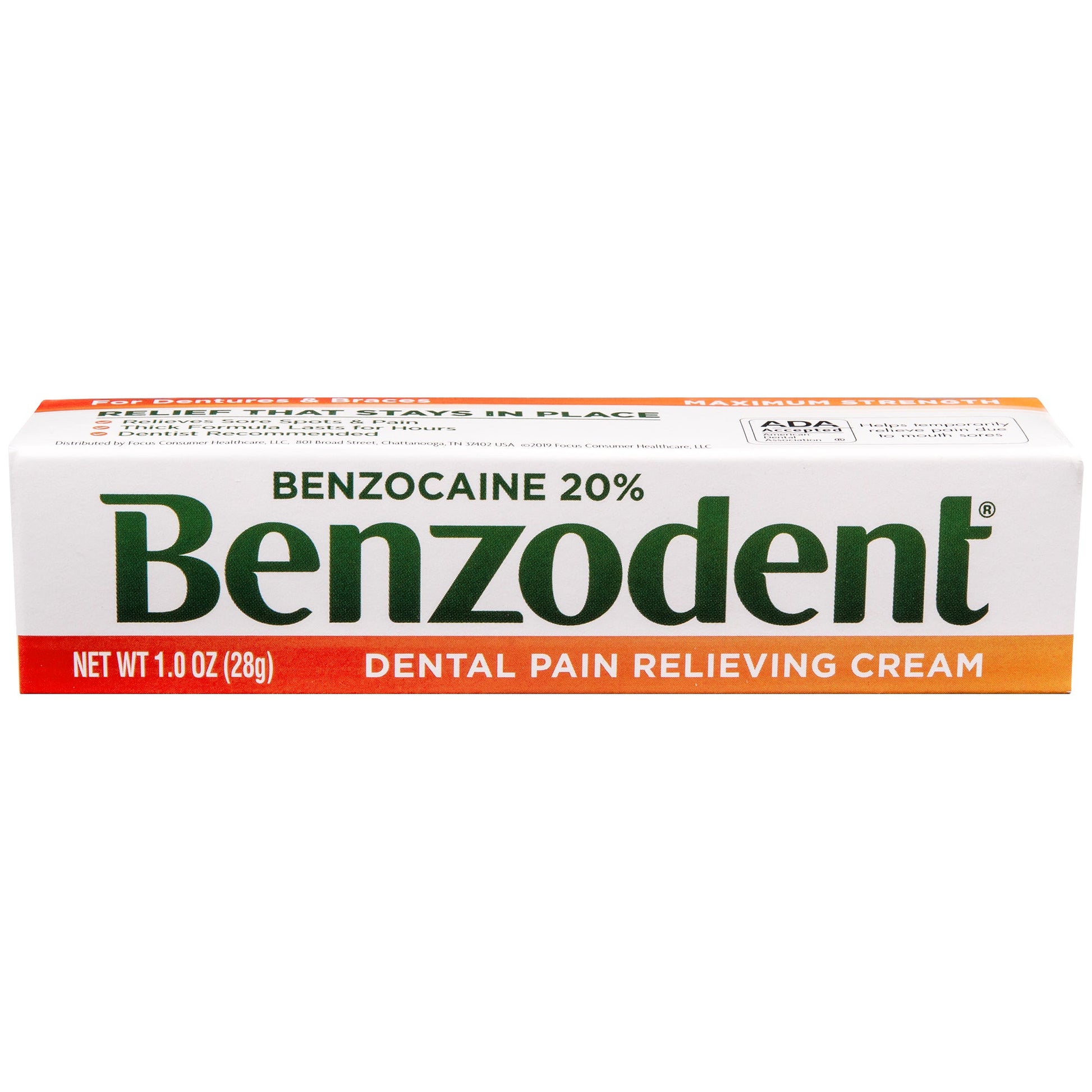 Benzodent Dental Pain Relieving Cream in a 1 oz tube, designed for soothing dental discomfort, from Pasteur Pharmacy.