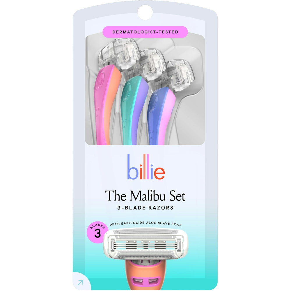 Disposable Billie razors with 3 blades from Pasteur Pharmacy, featuring a mix of different razor designs for personal care grooming.