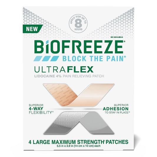 Large Biofreeze UltraFlex lidocaine patches for pain relief, from Pasteur Pharmacy, in a secure blister pack.
