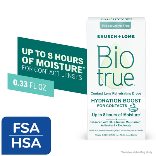 Biotrue Hydration Boost contact lens rehydrating drops in 0.33 fl oz bottle, designed for comfortable contact lens wear.