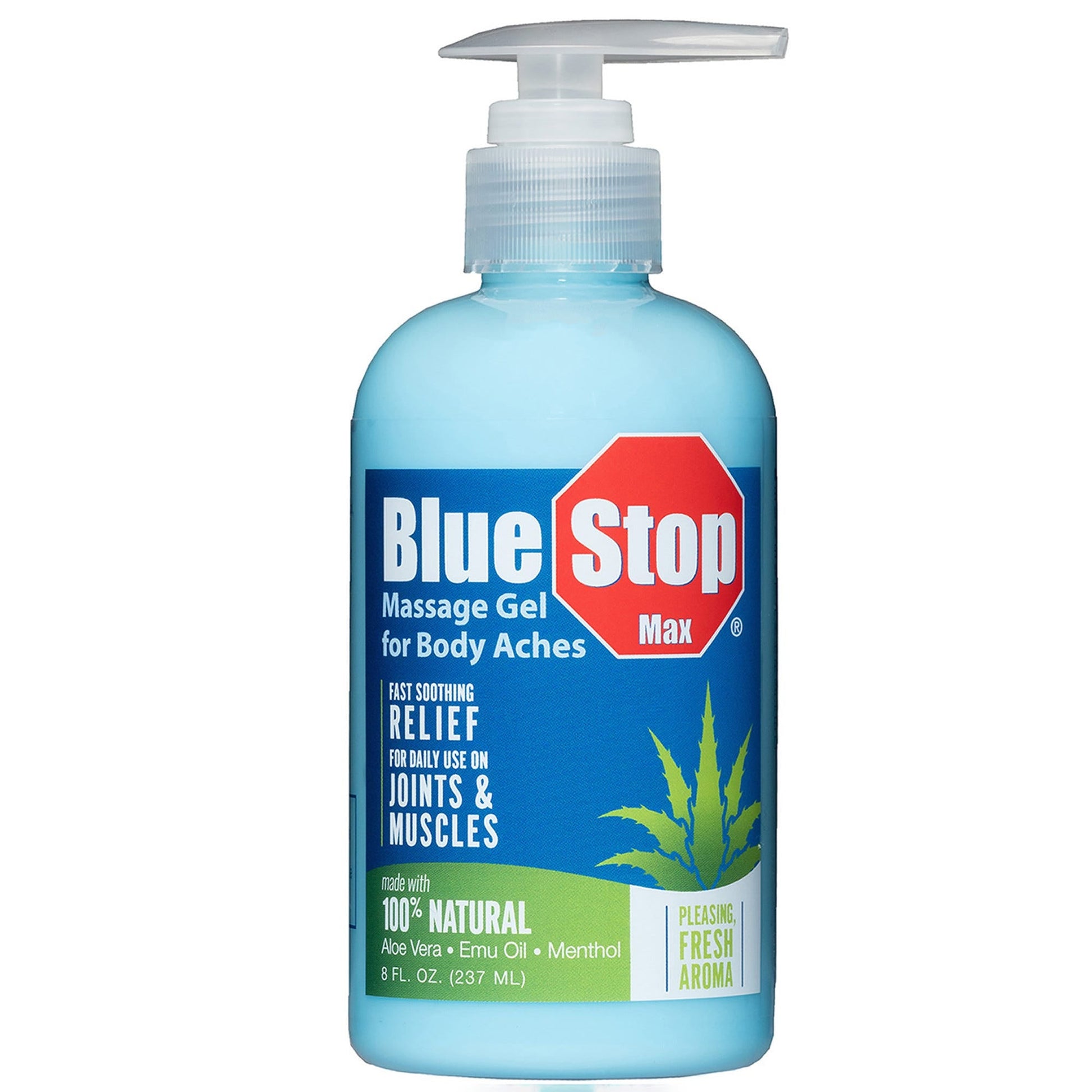 Blue Stop Max Massage Gel by Pasteur Pharmacy for body aches, 8 oz, featuring soothing personal care for muscle relief.