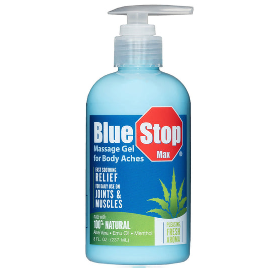 Blue Stop Max Massage Gel by Pasteur Pharmacy for body aches, 8 oz, featuring soothing personal care for muscle relief.