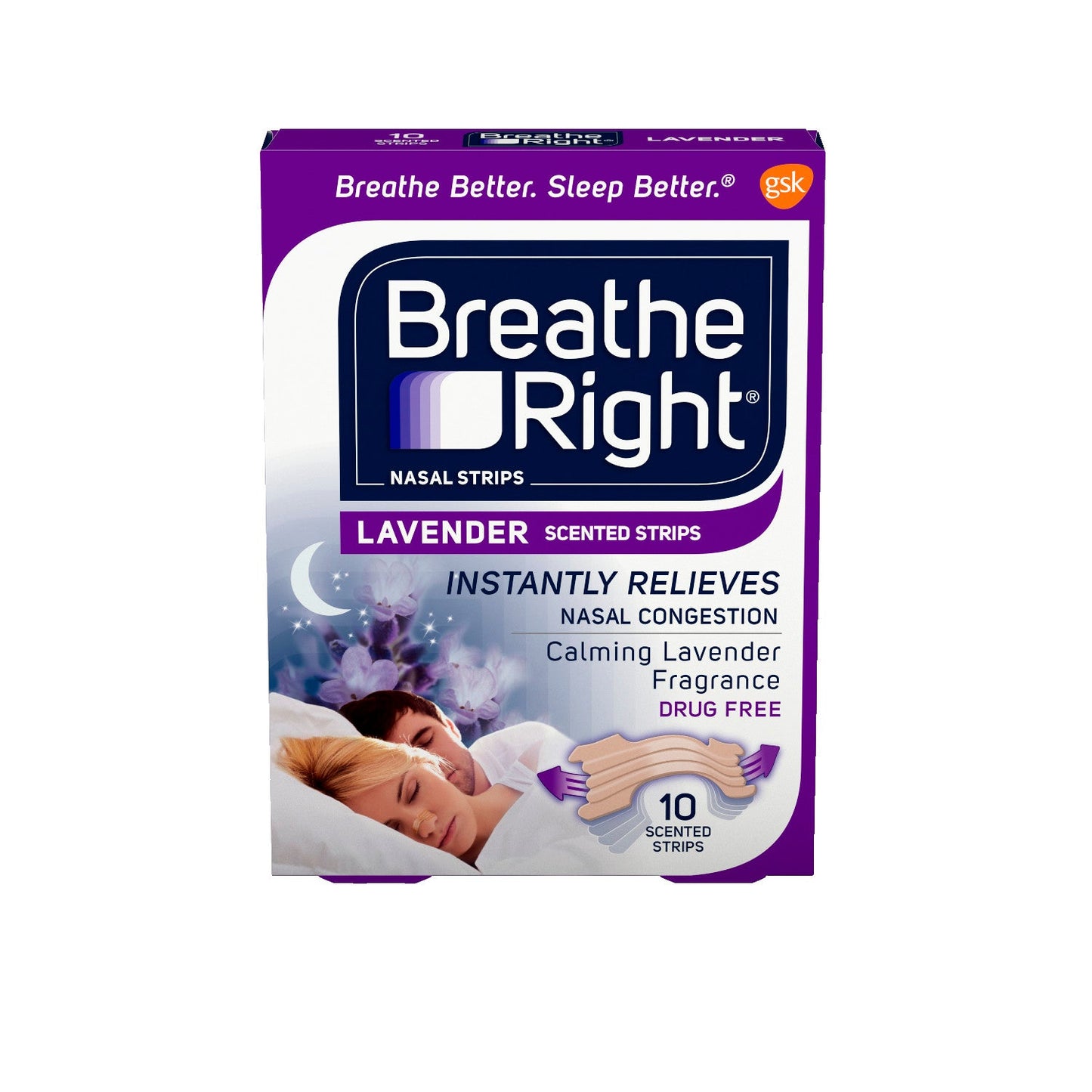 Lavender scented Breathe Right nasal strips for personal care, designed to improve nasal airflow and comfort.