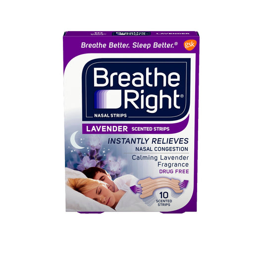 Lavender scented Breathe Right nasal strips for personal care, designed to improve nasal airflow and comfort.