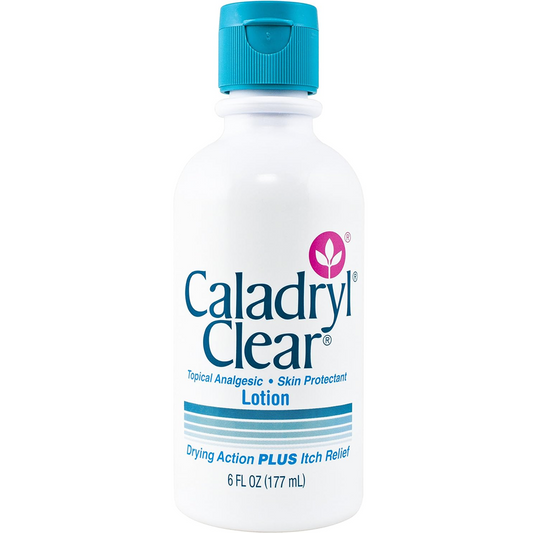 Caladryl Medicated Lotion bottle with drying action and itch relief, 6 fl oz, in a personal care setting