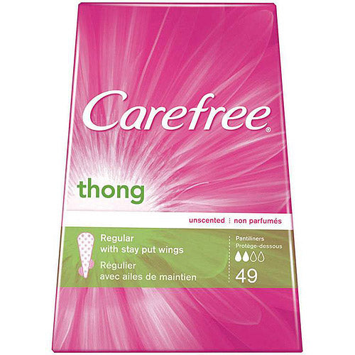 Carefree Pantiliners thong style, regular absorbency, unscented, personal care product showing the pantiliners laid out on a surface.