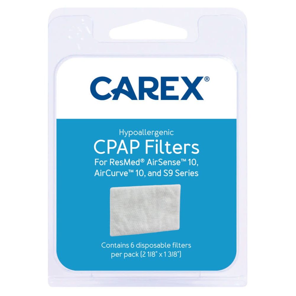 Carex hypoallergenic CPAP filters for ResMed AirSense 10, AirCurve 10, and S9 series machines, in packaging on a white background.