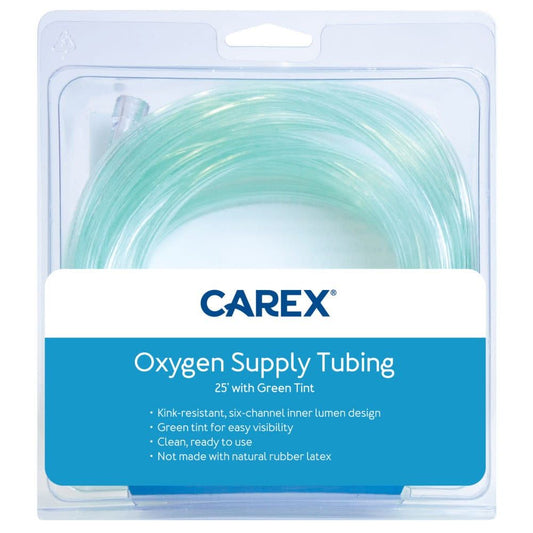 Carex oxygen supply tubing with green tint, 25 feet, for personal care use, designed for oxygen therapy applications.