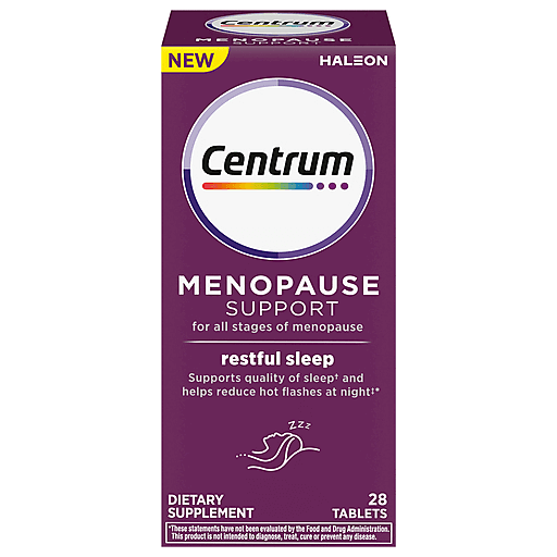 Centrum Menopause Support Restful Sleep Tablets in a 28-count bottle, designed to promote sleep during menopause.