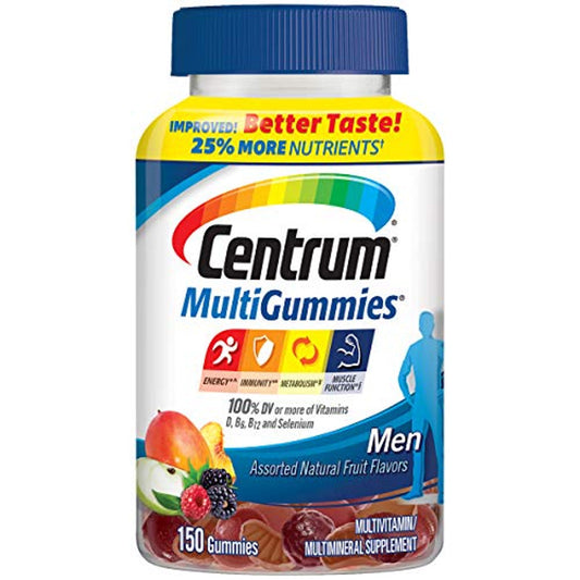 Centrum MultiGummies for Men, multivitamin gummies with fruit flavor, containing vitamins D3, selenium, antioxidants, and minerals.