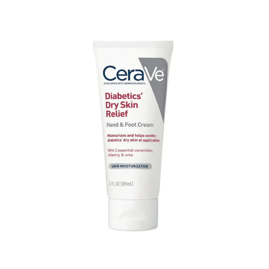 CeraVe Diabetics Dry Skin Relief Hand and Foot Cream in 3 oz tube, designed for sensitive, dry skin care.