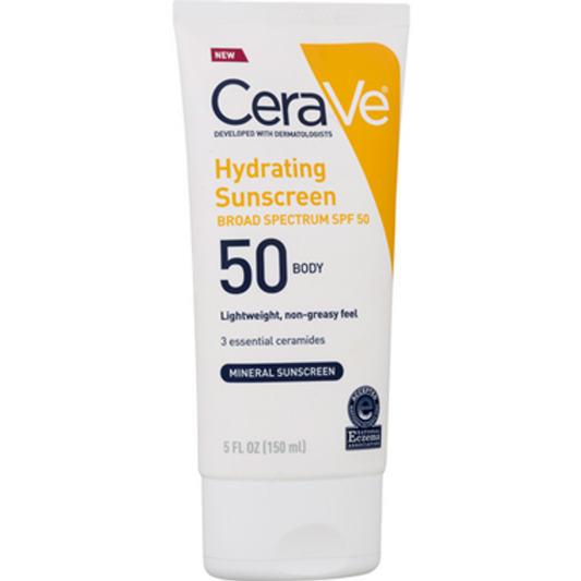 Cerave Hydrating Mineral Sunscreen Body Lotion SPF 50 in 5 fl oz bottle, moisturizing personal care product for sun protection