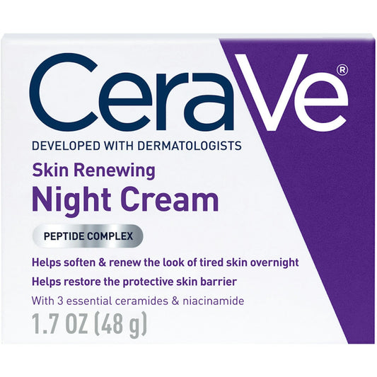 Cerave Skin Renewing Night Cream face moisturizer in a 1.7 fl oz tube, suitable for personal skincare and hydration.