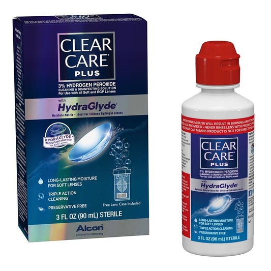 Clear Care Plus with HydraGlyde contact lens cleaning and disinfecting solution in a 3 fl oz bottle by Pasteur Pharmacy