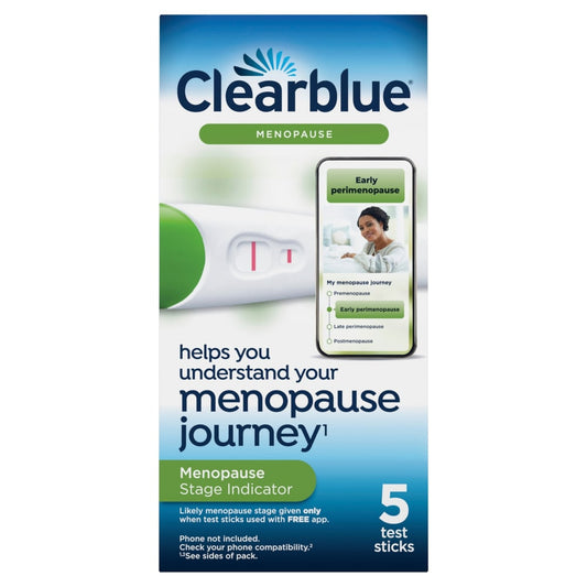 Clearblue menopause stage indicator test sticks from Pasteur Pharmacy, showing the white test sticks used for menopause testing.