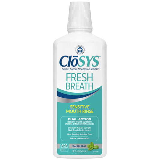 Closys Sensitive Gentle Mint Rinse in a 32 oz box, a personal care product for non-irritating oral hygiene.
