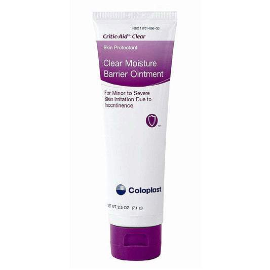 Coloplast Critic-Aid Clear Moisture Ointment in a 2.5 oz tube, used for personal skin care and moisture protection.
