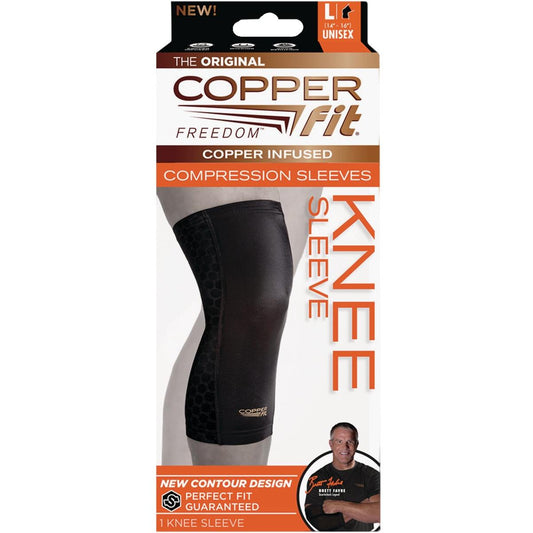 Black Copper Fit Freedom compression knee sleeve from Pasteur Pharmacy, designed for support and pain relief during activity.